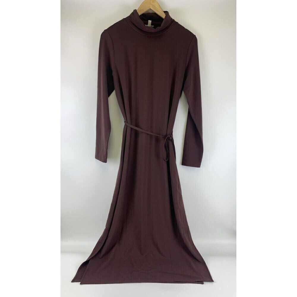 Garnet Hill Turtleneck Midi Dress Brown Tencel Slit Tie Belt Knit Stretch Medium - Picture 2 of 12